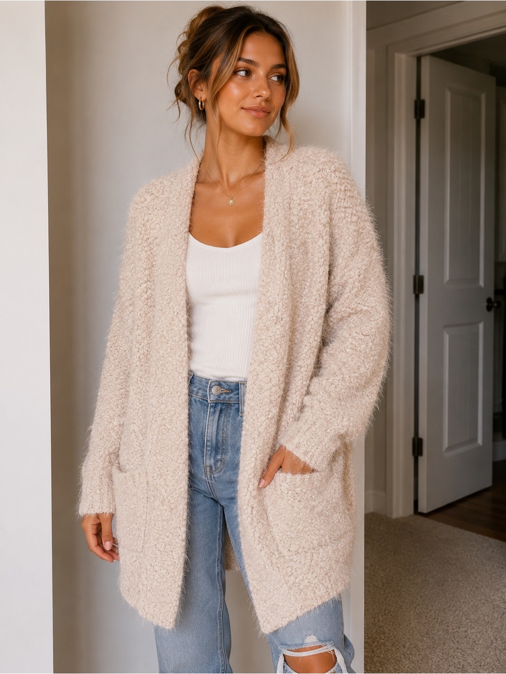 By Together Soft Bouclé Open-Front Cardigan in Cream